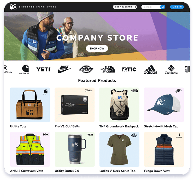 Company swag store platform showing branded apparel, drinkware, and merchandise ordered on-demand